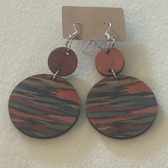 HUGE SALE! BOHO ART DECO COLORFUL STRIPED DOUBLE ROUND WOODEN DROP EARRINGS NEW - Picture 1 of 6